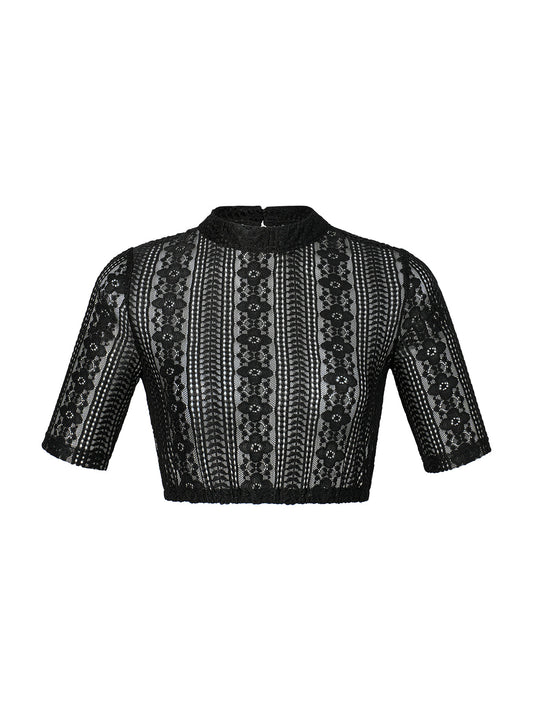 Inga Trachtenbluse in Schwarz – halbarm, hochgeschlossen