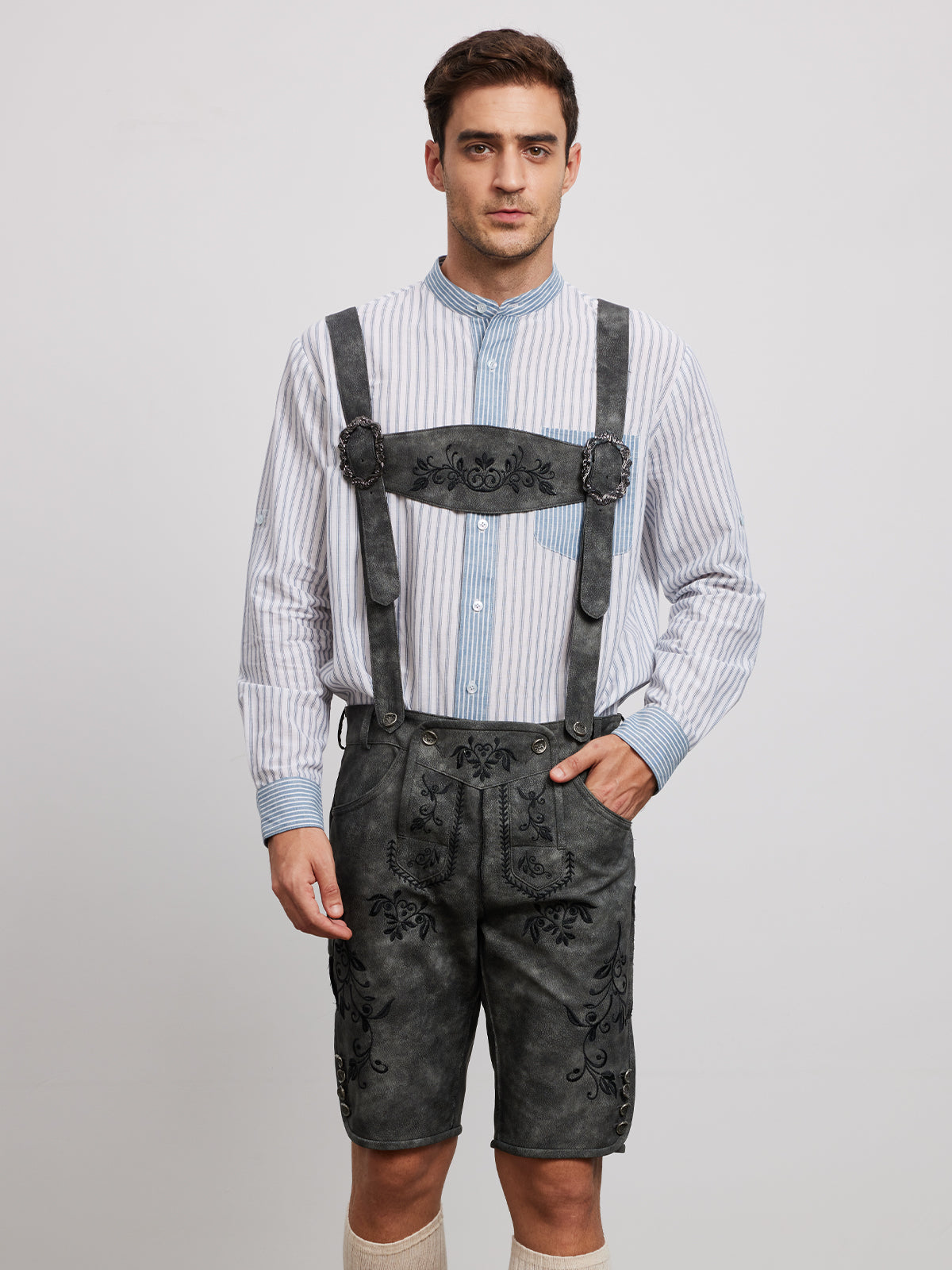 Klassisch: Lederhose Norman – Grau, Stickereien