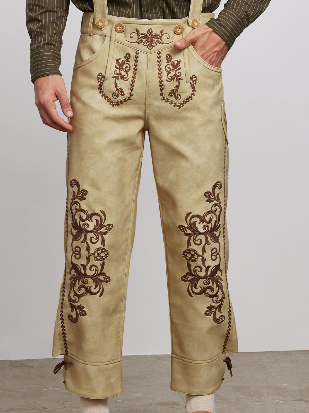 Klassisch: Lederhose Theodor – Gelb, Stickereien