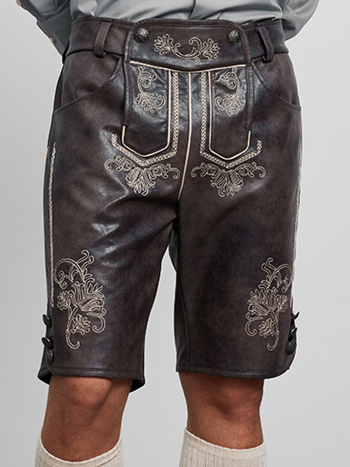 Klassisch: Lederhose Tarius Steinbraune – Grau, Stickereien