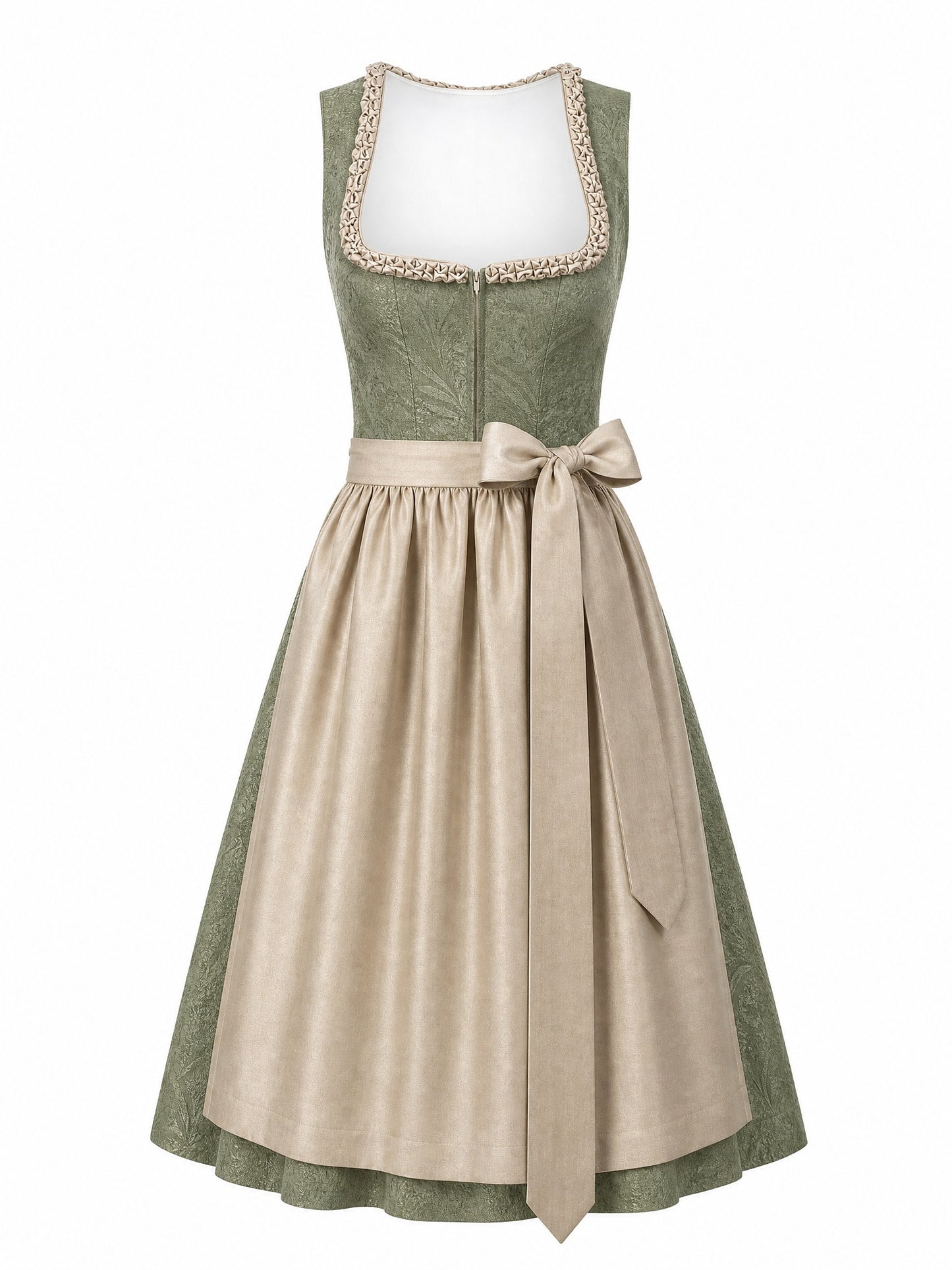 Dirndl Carla in Moosgrün mit Warmer Sand Schürze - Vorderansicht