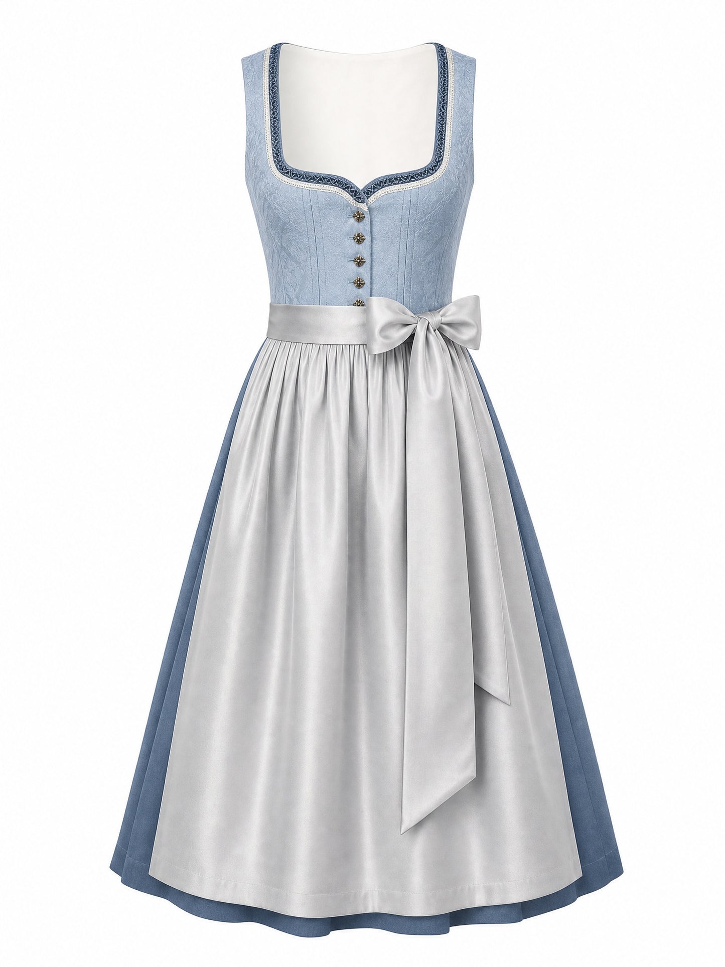 Dirndl Mina in Puderblau mit Silber Schürze - Vorderansicht