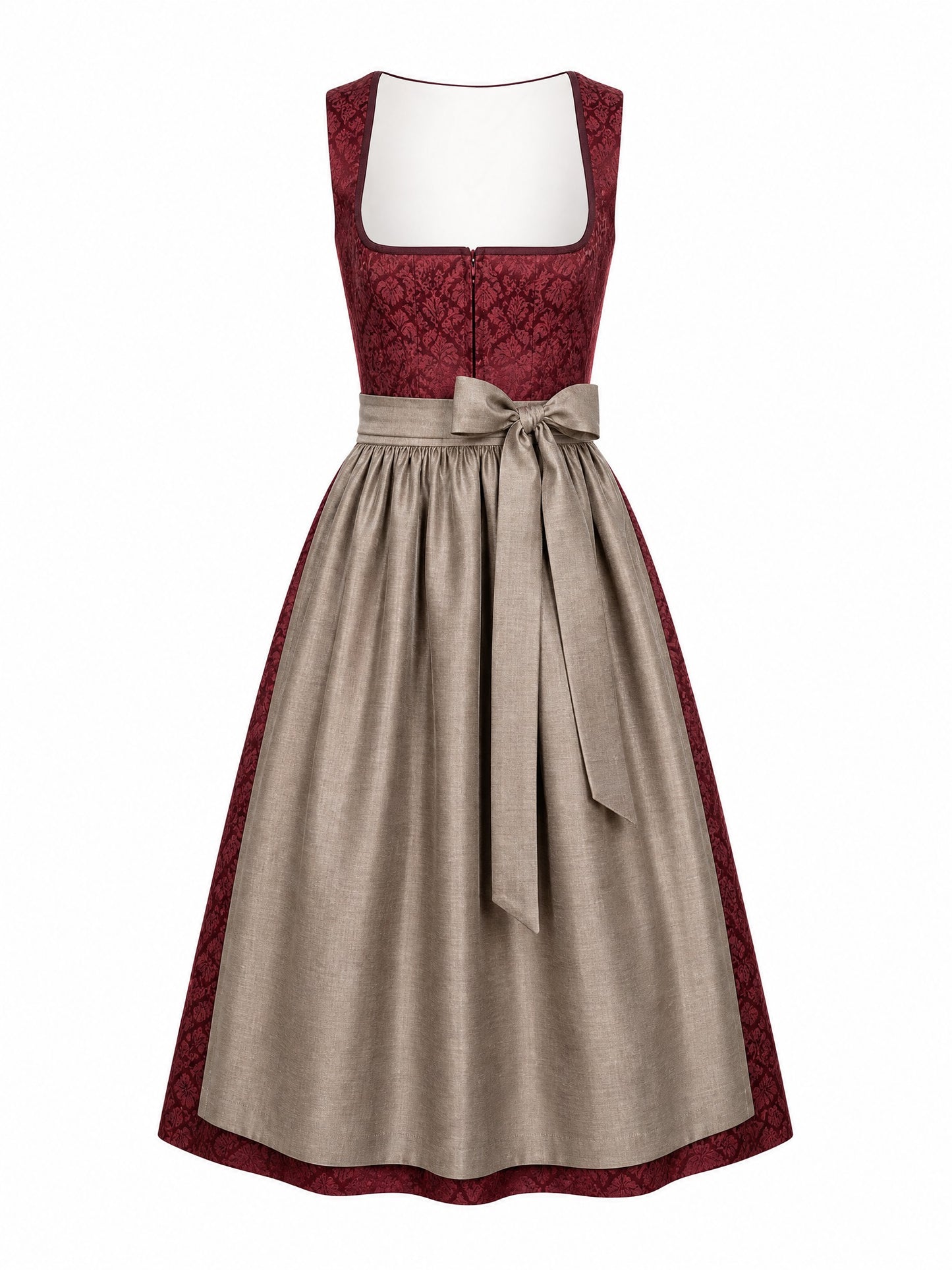 Klassisches Dirndl Alina – Weinrot, Eckige Form