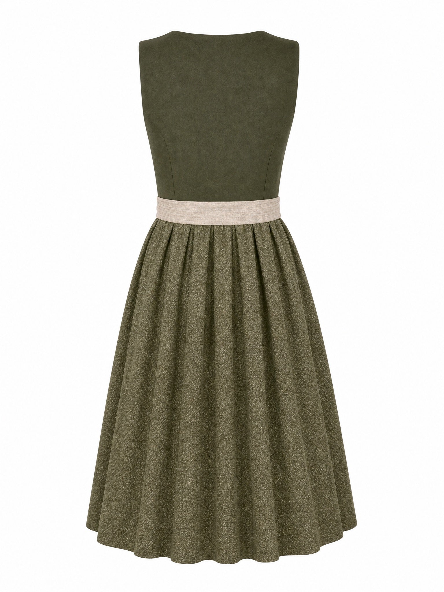 Dirndl Mia in Dunkeloliv mit Flachs Schürze - Rückansicht