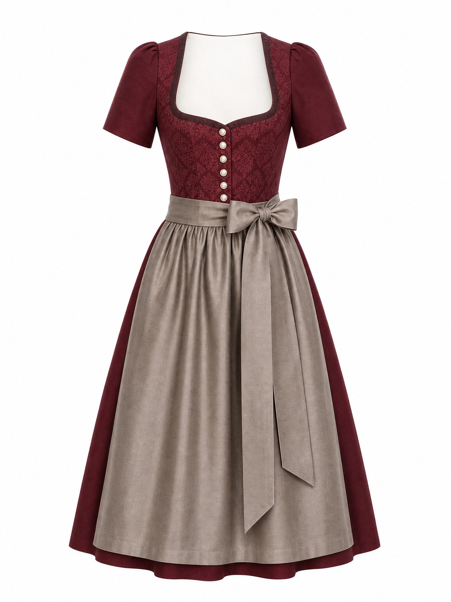 Dirndl Felicia in Weinrot mit Taupe Schürze - Vorderansicht